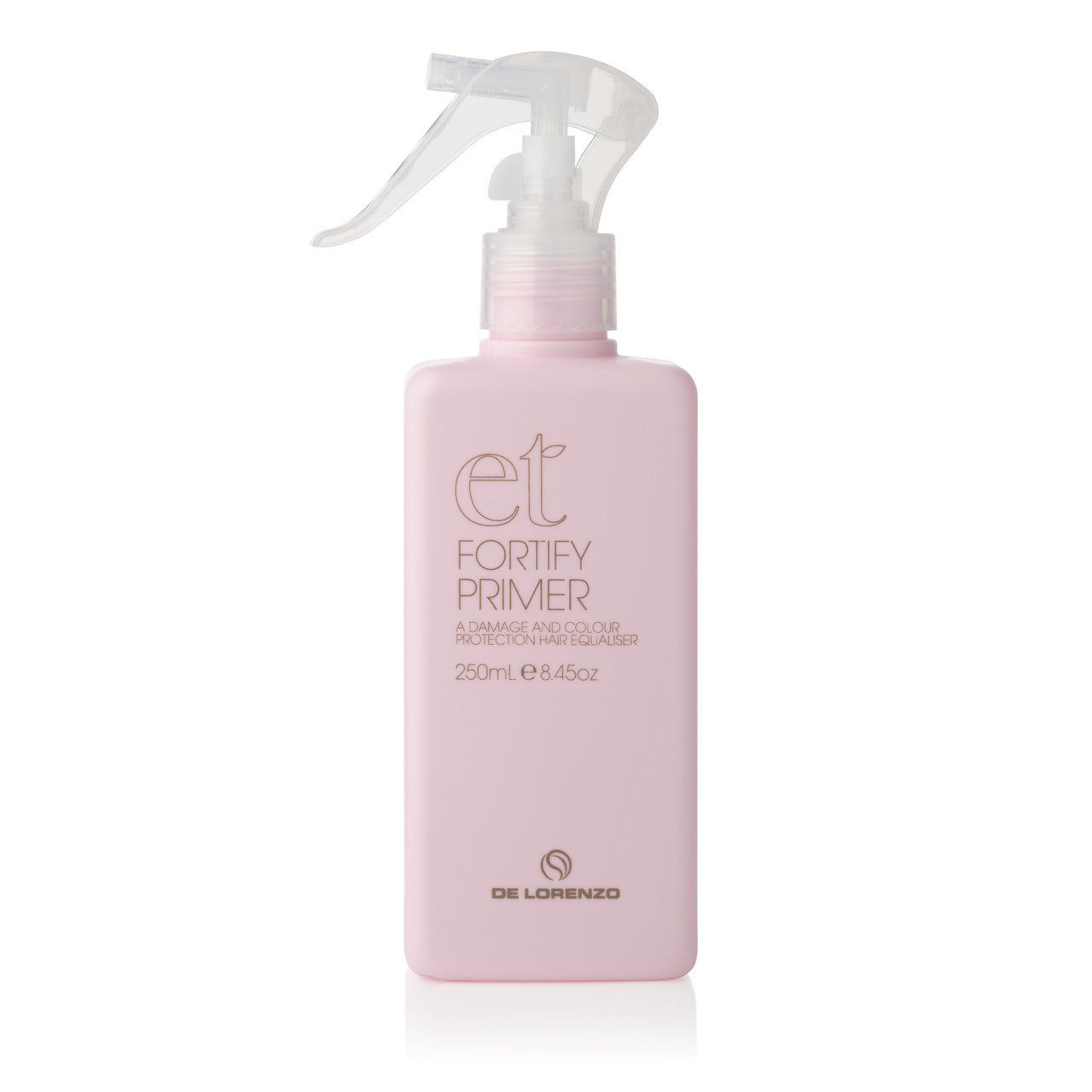 De Lorenzo Essential Treatments Fortify Primer 250ml bottle, featuring a lightweight, nutrient-rich formula designed to repair, strengthen, and smooth damaged or fragile hair for a polished, healthy finish. Salon Essentials