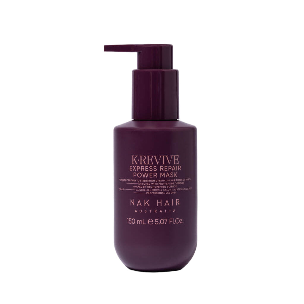 Purple bottle of Krevive Express Repair Power Mask by Nak Hair on a white background