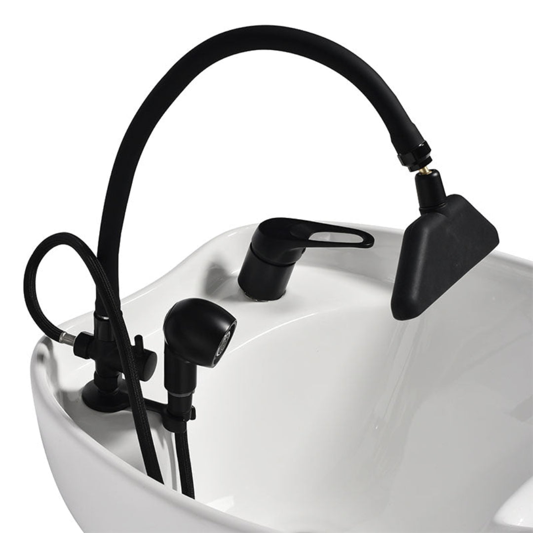 A Salon Waterfall Head Spa Black faucet with spray head on a white sink