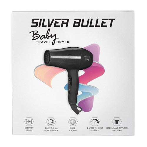 Silver Bullet Baby Travel Mini Hair Dryer & Diffuser - 1200W Dual Voltage (Black)
