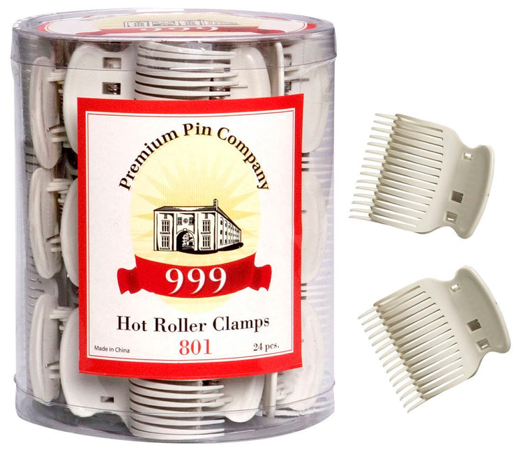 24 Piece bulk pack of 999 branded Hot Roller Hair Clamps for Hairdressers on white background