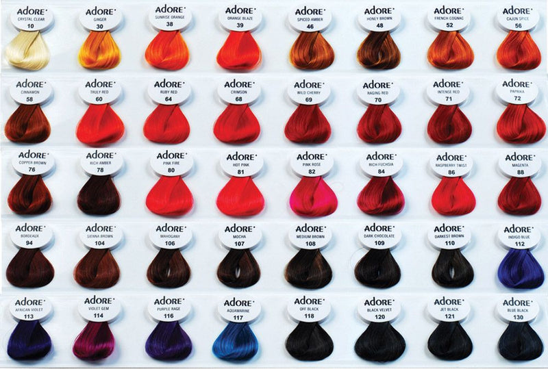 Adore hair color chart with various red and black shades.