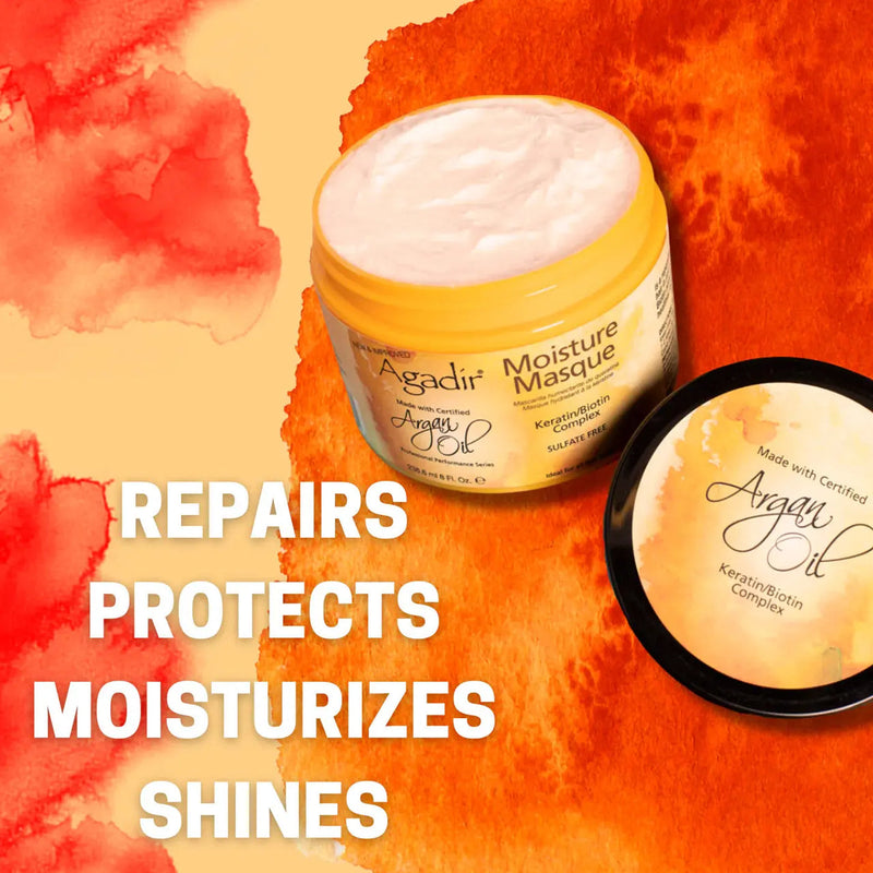 Agadir Argan Oil Moisture Masque 236ml jar next to argan nuts and oil, highlighting natural ingredients.
