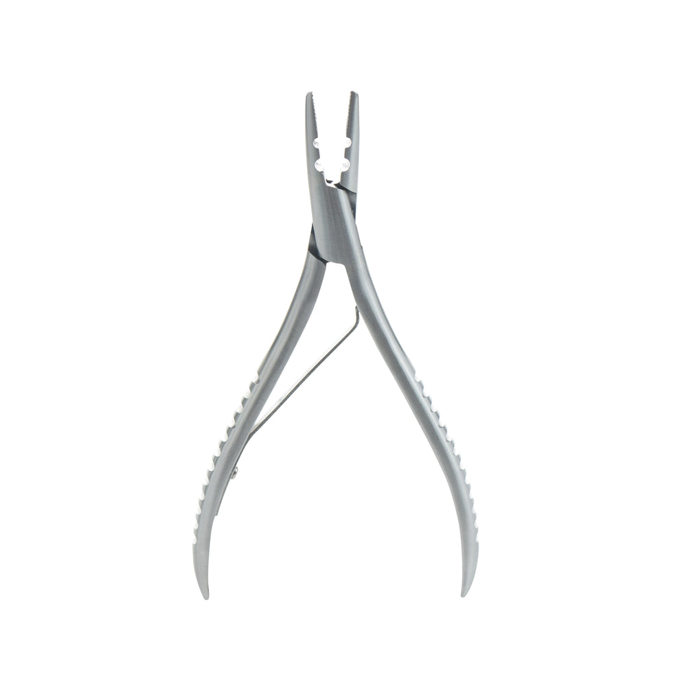Pair of silver hair extension bead pliers on a white background