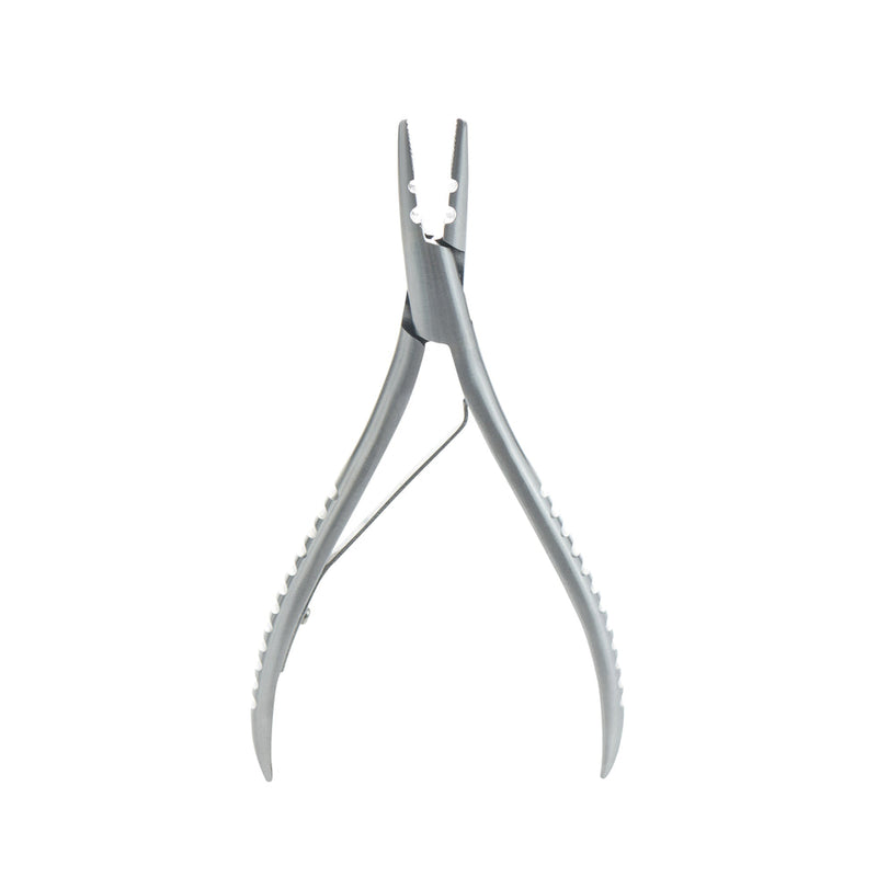 Pair of silver hair extension bead pliers on a white background