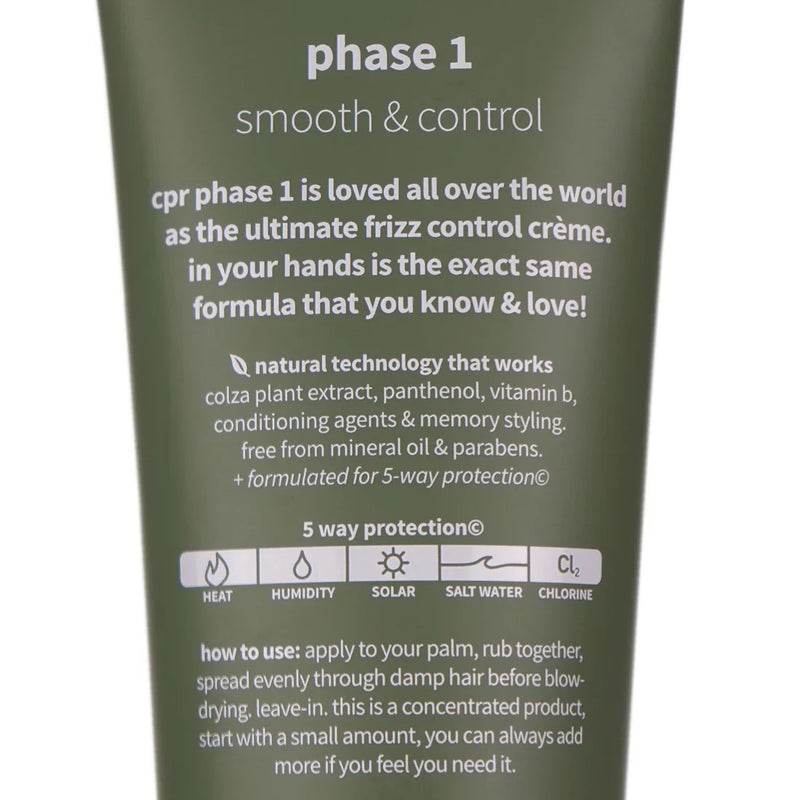 Image of back of tube for CPR Frizzy Phase1 Smoothing creme  It includes usage instructions and product benefits