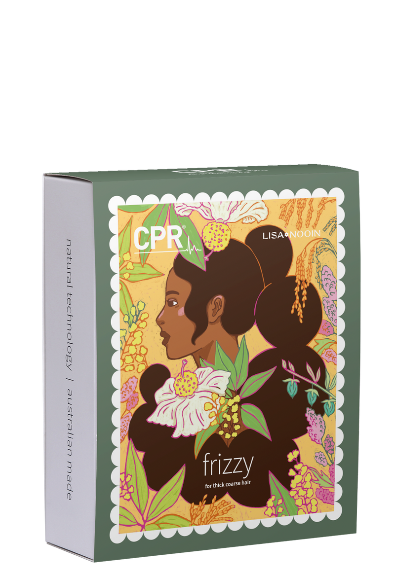 Gift Box of CPR Hair products from the Frizzy Trio Pack background. The gift box contains ‘CPR Frizzy Shampoo,’ ‘CPR Frizzy Conditioner,’ and ‘CPR Frizzy Treatment,’ box with  distinct colour and design.