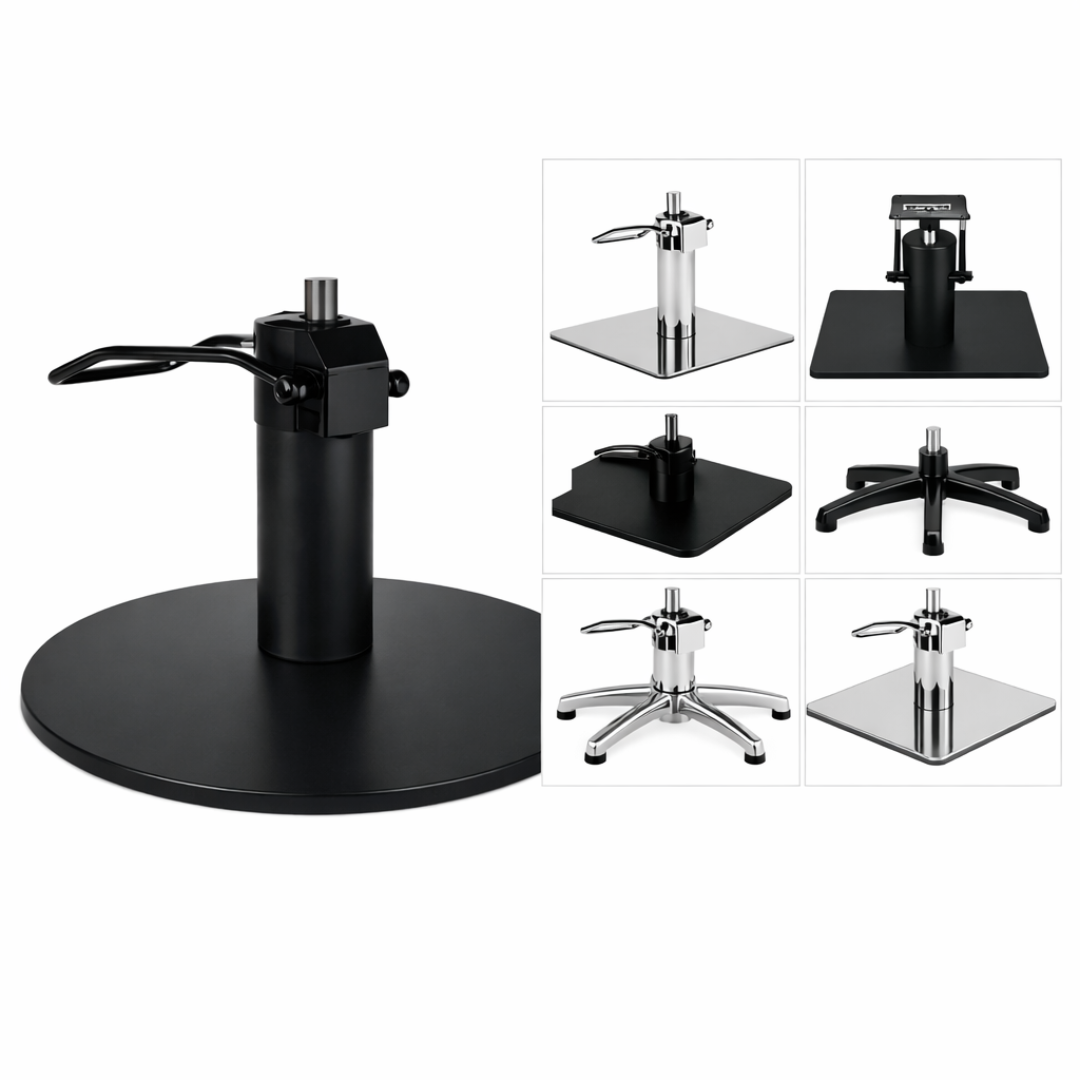Replacement Salon pedestal hydraulic bases for Salon chairs. Options on white background with six smaller inset views of alternative base configurations.