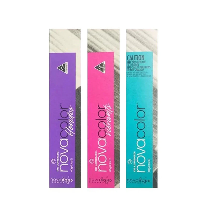 Three Novacolor hair dye boxes in purple, pink, and blue on a white background
