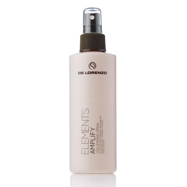 A bottle of De Lorenzo Elements Amplify Volumising Spray with a spray pump dispenser.