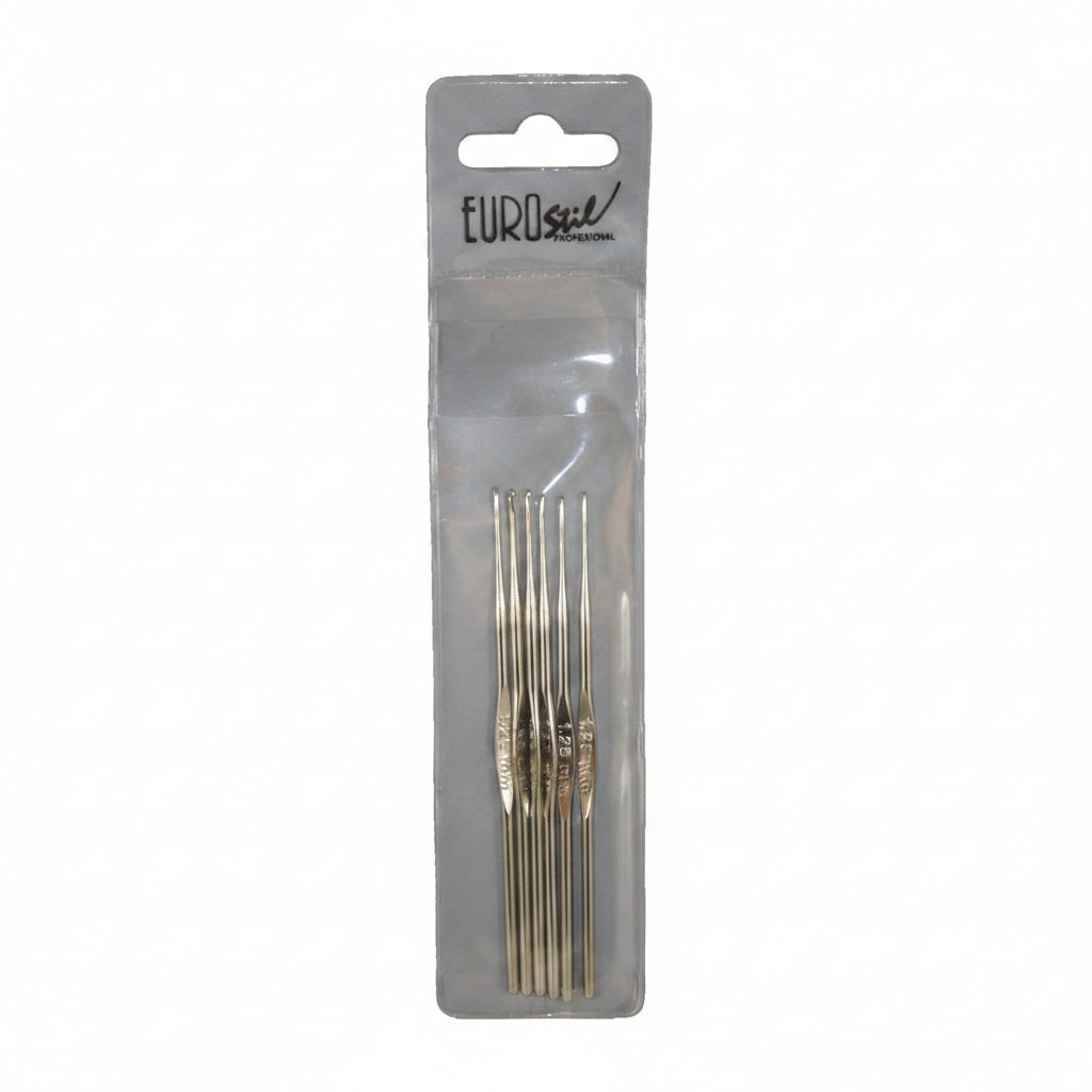 Packaged set of metal needles with Euroslot branding on a gray background