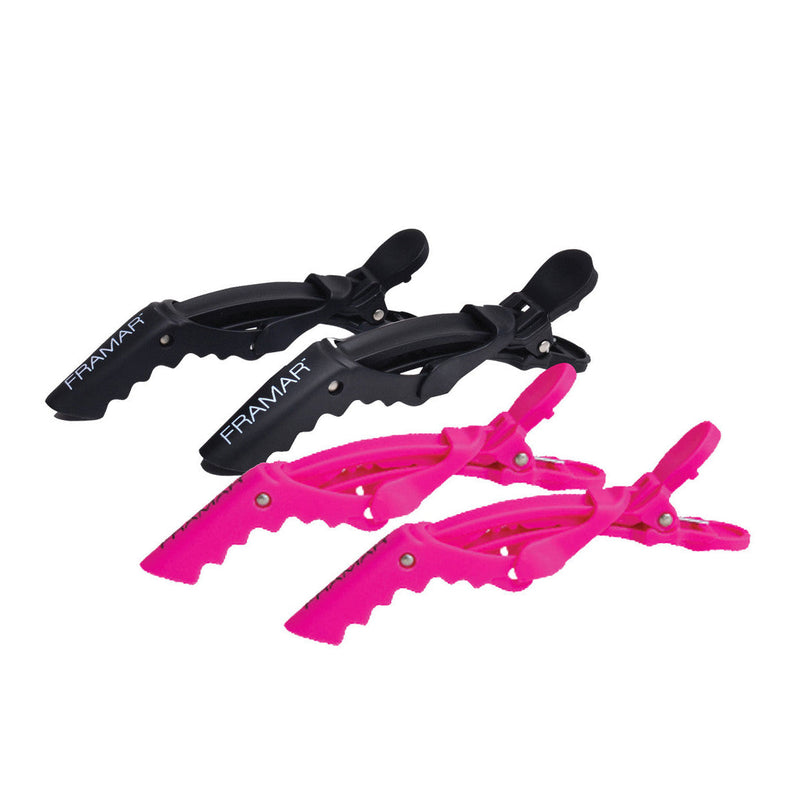 Two black clamps and two pink clamps on a white background, with 'Framar' branding.