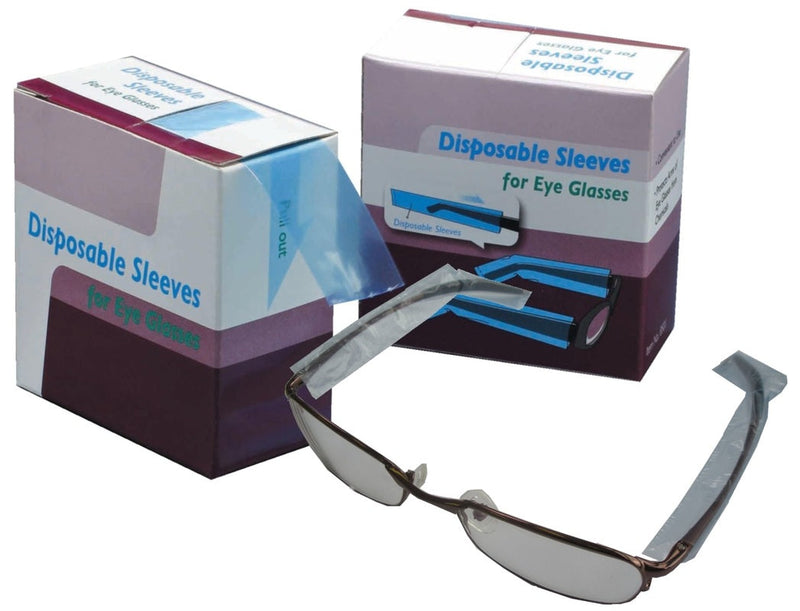 Disposable sleeves for eye glasses with a pair of glasses on a white background