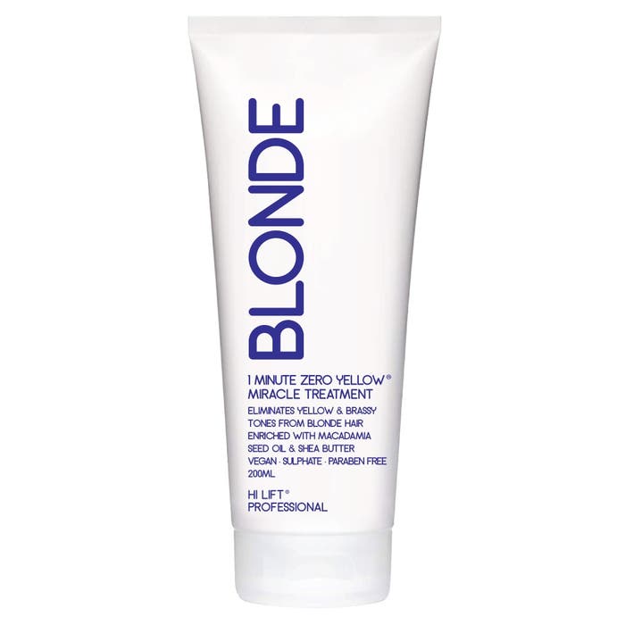 Hi Lift Blonde 1 minute miracle hair treatment hair care product tube on a white background