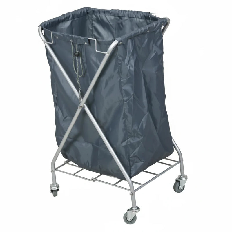 Gray laundry basket with wheels on a white background