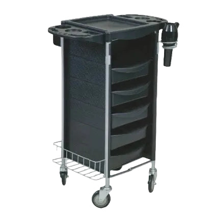 Black rolling salon troley cart with multiple drawers and a tray on a white background
