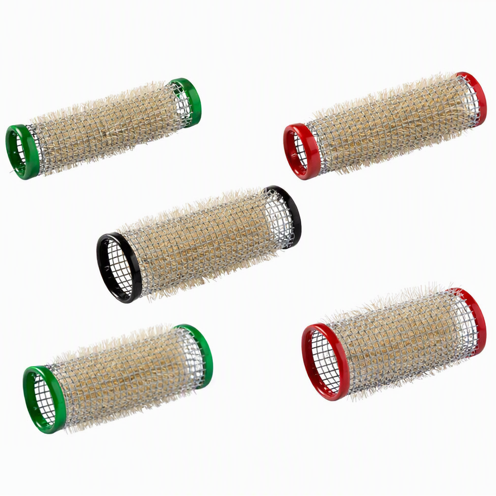 Five cylindrical pet hair removal brushes with beige bristles and colored metal end caps in green, red, and black, arranged on a white background 