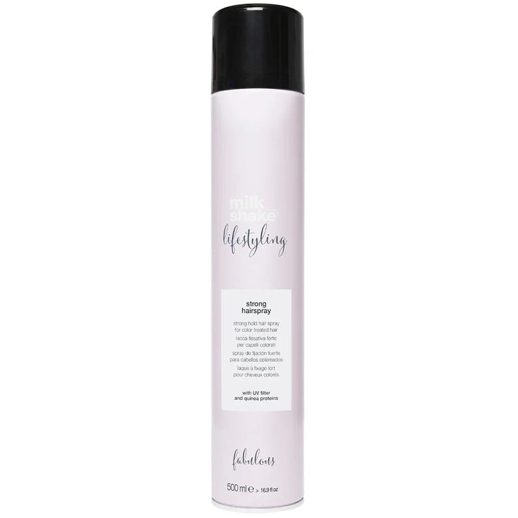 Milkshake strongHair spray bottle with black cap and white label on a white background