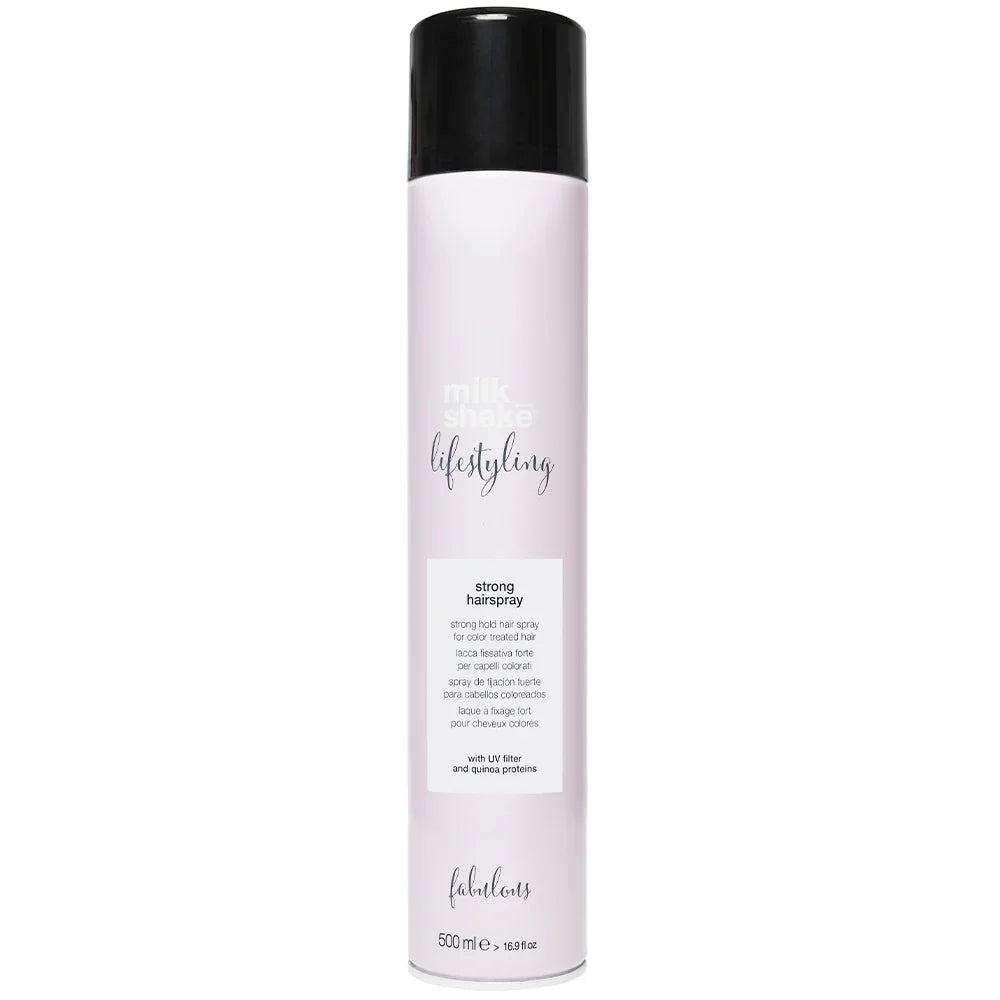 Milkshake strongHair spray bottle with black cap and white label on a white background