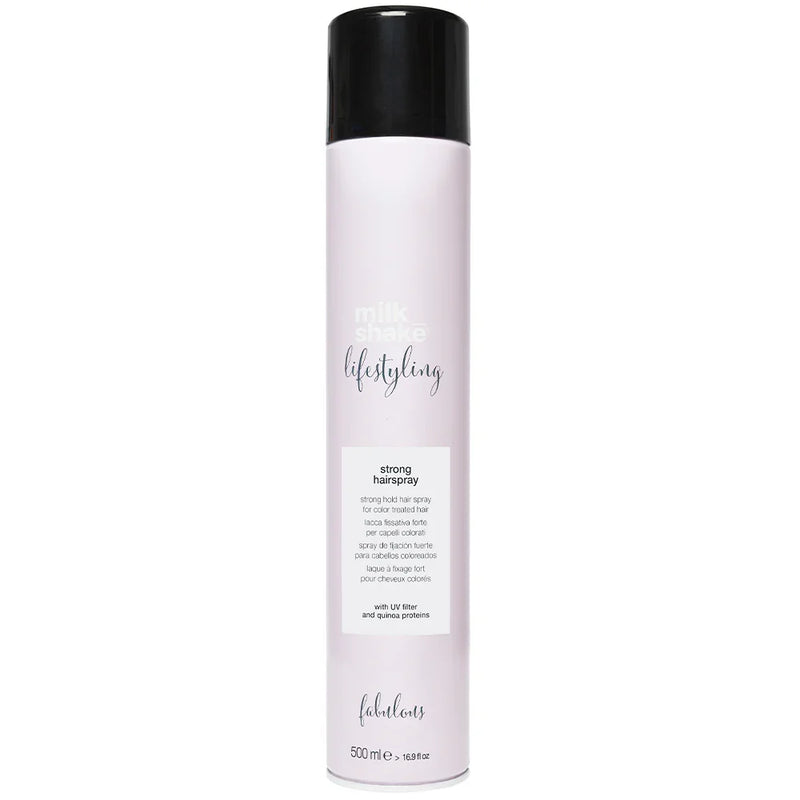 Milkshake strongHair spray bottle with black cap and white label on a white background