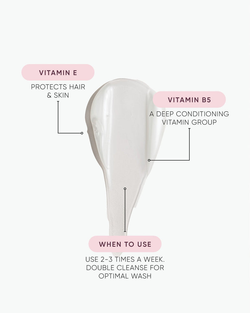 A white teardrop-shaped hair care product on a very light gray background with callout labels pointing to it: Vitamin E protects hair and skin, Vitamin B5 is a deep conditioning vitamin group, and use instructions say to use 2-3 times a week, double cleanse for optimal wash.