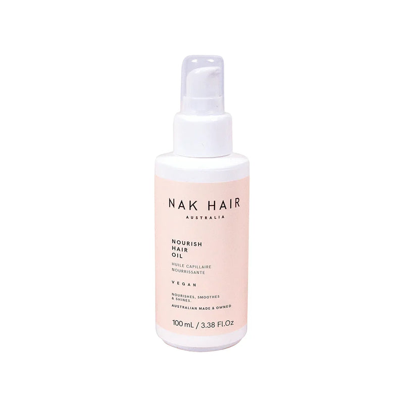 NAK Nourish Hair Oil 100ml bottle, highlighting its detangling, smoothing, and shine-enhancing properties, enriched with Coconut Oil and Sea Buckthorn Oil for healthier, protected hair.