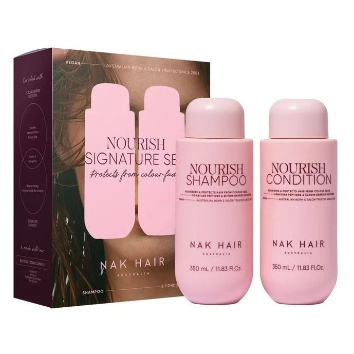 Nak Hair shampoo and conditioner bottles with packaging on a white background