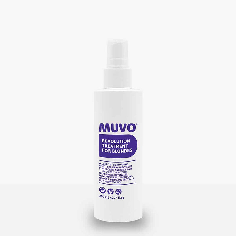 Muvo Revolution Treatment for Blondes a lightweight, multi-solution treatment for blonde and grey hair that does it all; tones brassiness, detangles, removes frizz, conditions, repairs, preps and protects heat styling.