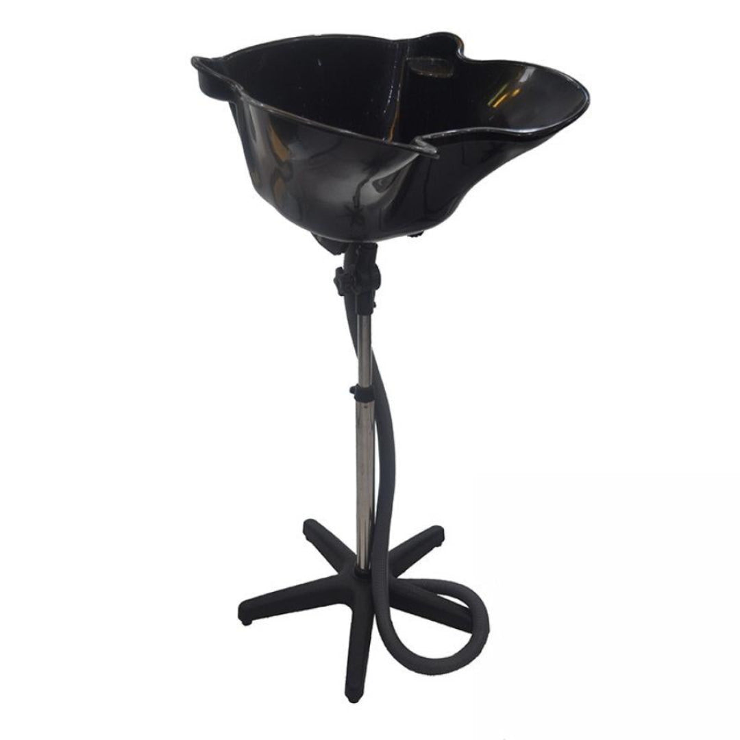 Black salon hair washing basin with a swivel head and a five-star base on a white background.