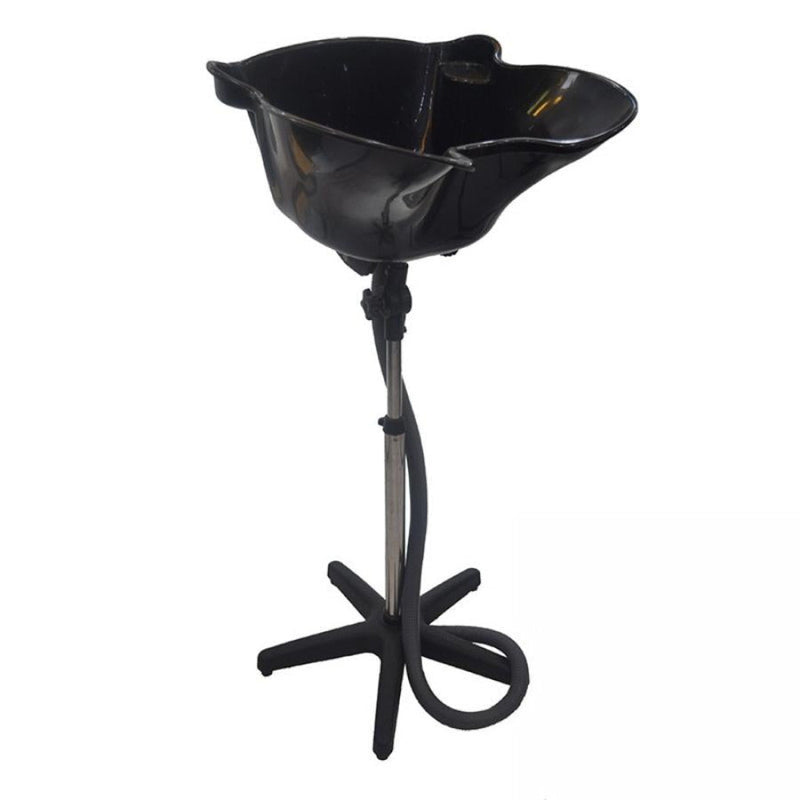 Black salon hair washing basin with a swivel head and a five-star base on a white background.
