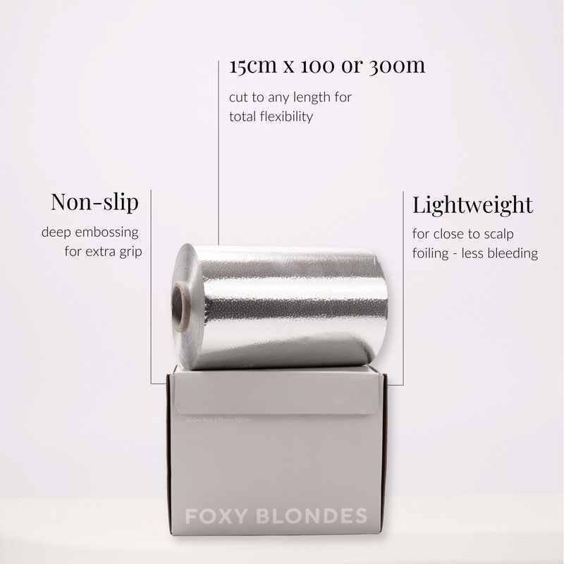 Foil roll with packaging labeled 'Foxy Blondes' on a white background