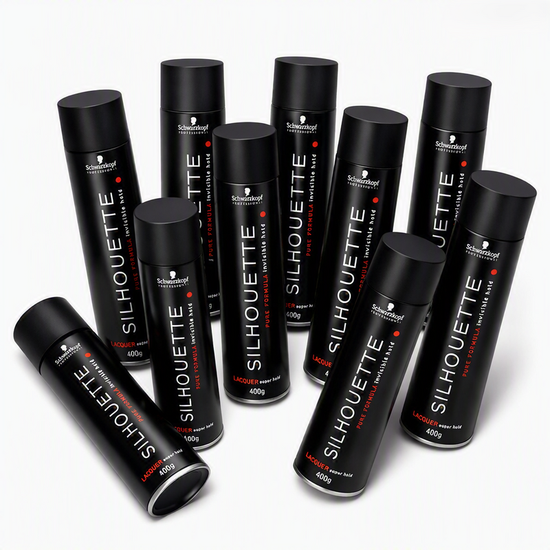 Nine black cylindrical hair styling product cans arranged on a light gray studio background. The cans are labeled Schwarzkopf Silhouette Hair Transform Styling Tree with red and white text, 