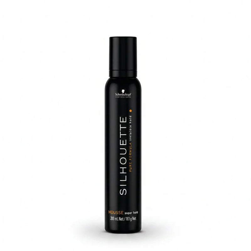 A black cylindrical bottle of Schwarzkopf Silhouette Super Hold Mousse on a plain white background.