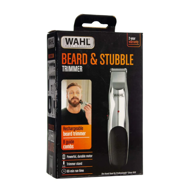 Wahl beard and stubble trimmer packaging on a white background