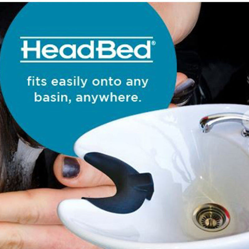 HeadBed product being used on a sink with promotional text.