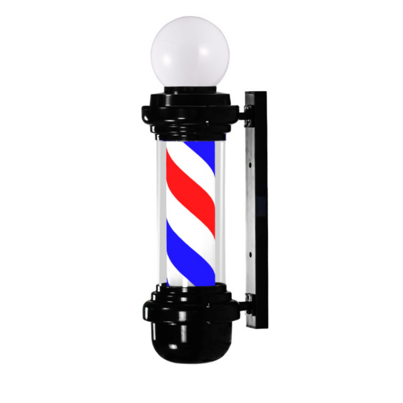 Barber pole with red, white, and blue stripes on a white background