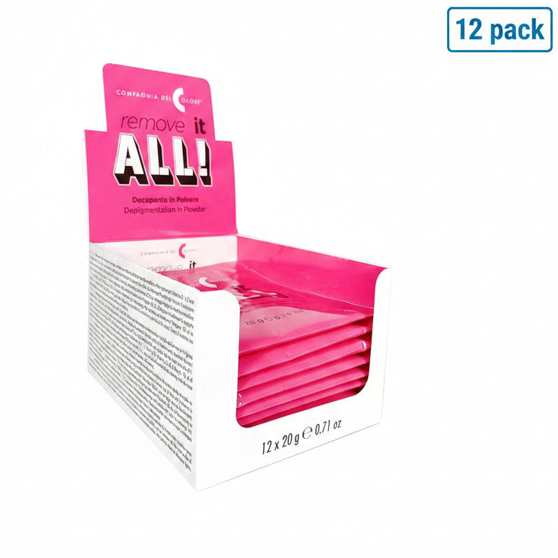 Packaging of 'remove it ALL!' hair colour remover powders with pink and white design.