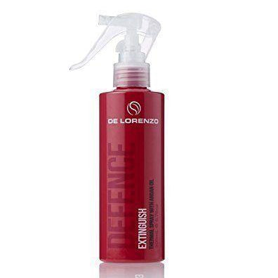 A red spray bottle labeled 'De Lorenzo Defence Extinguish' designed for heat protection and smoothing hair.