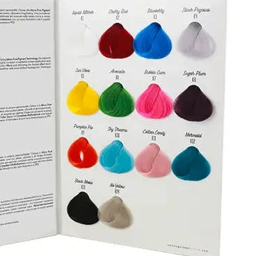 Color swatch book with various colored samples on a white background