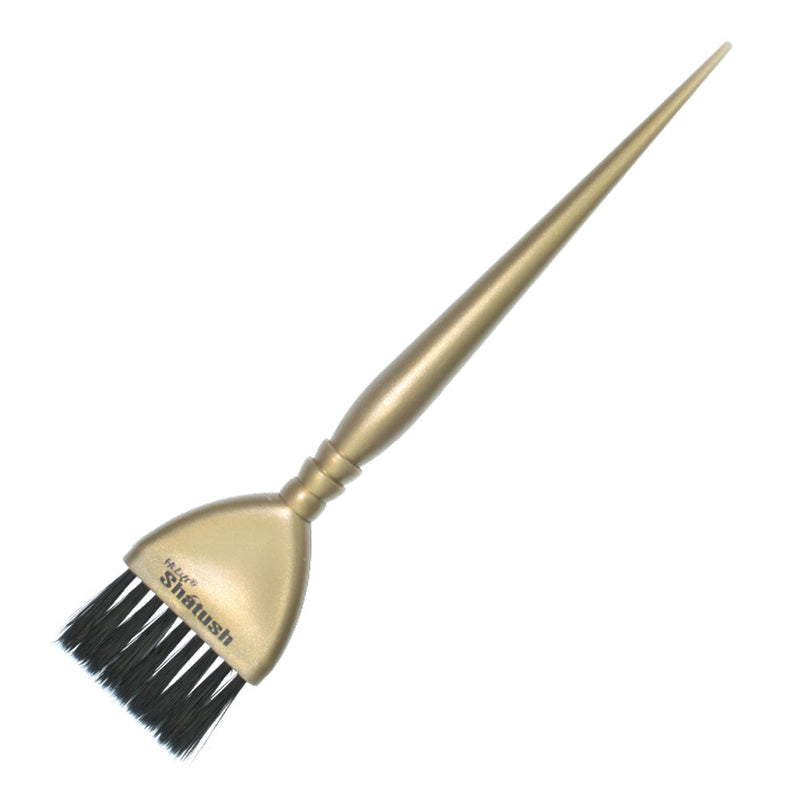 Gold hairbrush with black bristles on a white background