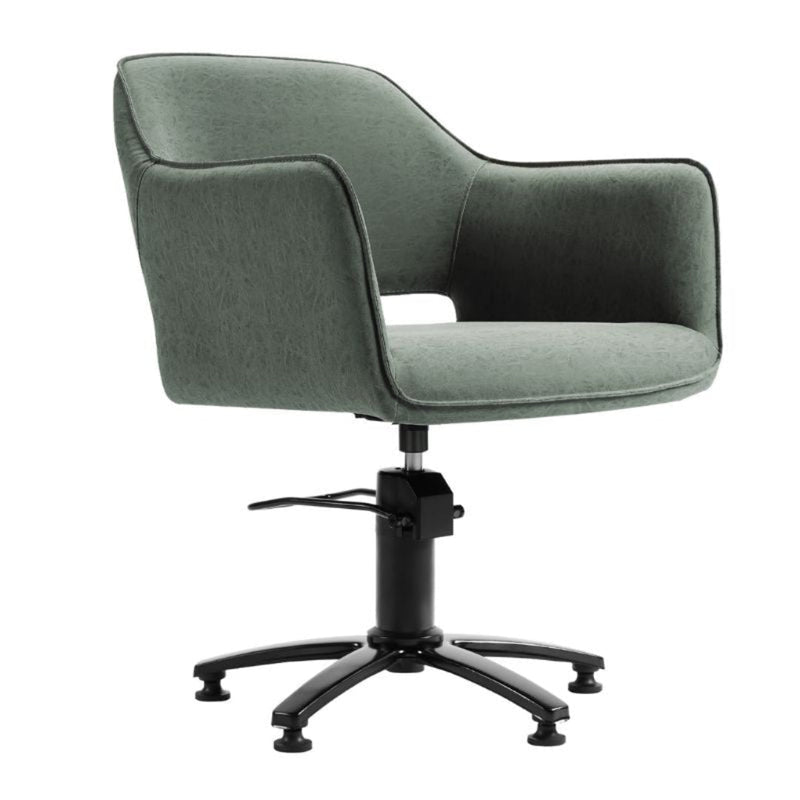 A modern upholstered swivel salon chair with a curved back and armrests in a muted sage green fabric, supported by a black five-star base with casters, shown on a plain white background.