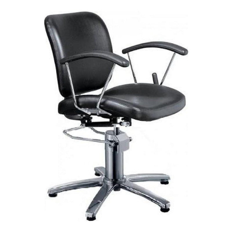 Black salon chair with chrome base on a white background