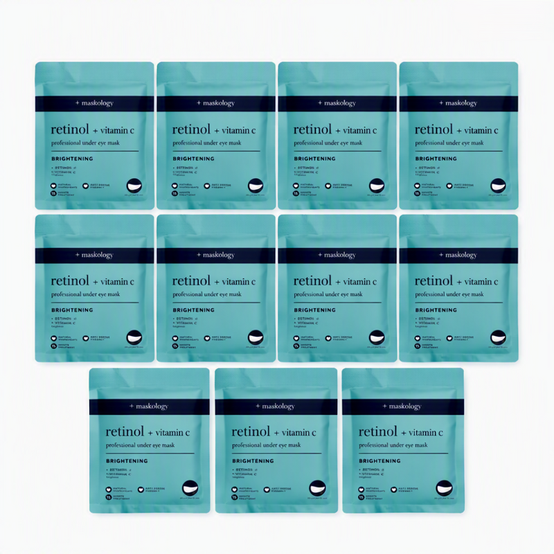 Twelve identical teal and navy single-use retinol + vitamin C eye mask packets arranged in a grid on a plain white background.