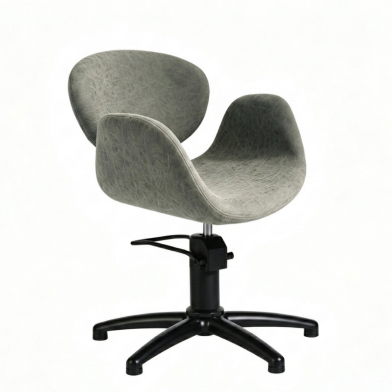 A modern swivel salon chair with a curved, sculptural seat and back upholstered in textured gray fabric, supported by a black five-star swivel base.
