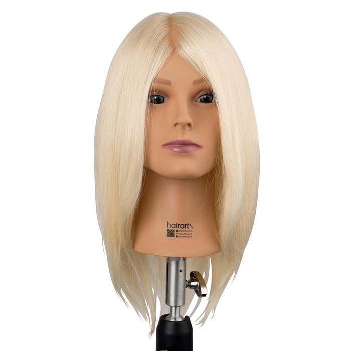 A mannequin head with medium length blonde hair, branded HairArt, attached to a metal clamp