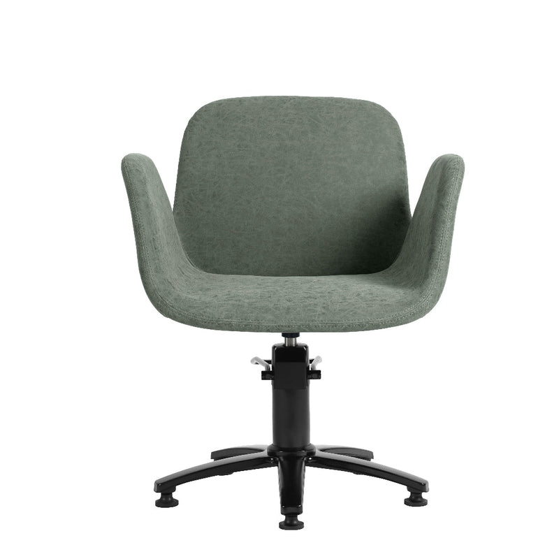 A modern upholstered salon swivel chair with a rounded seat and back, upholstered in a textured sage green fabric, supported by a black five-star base on a solid white background.