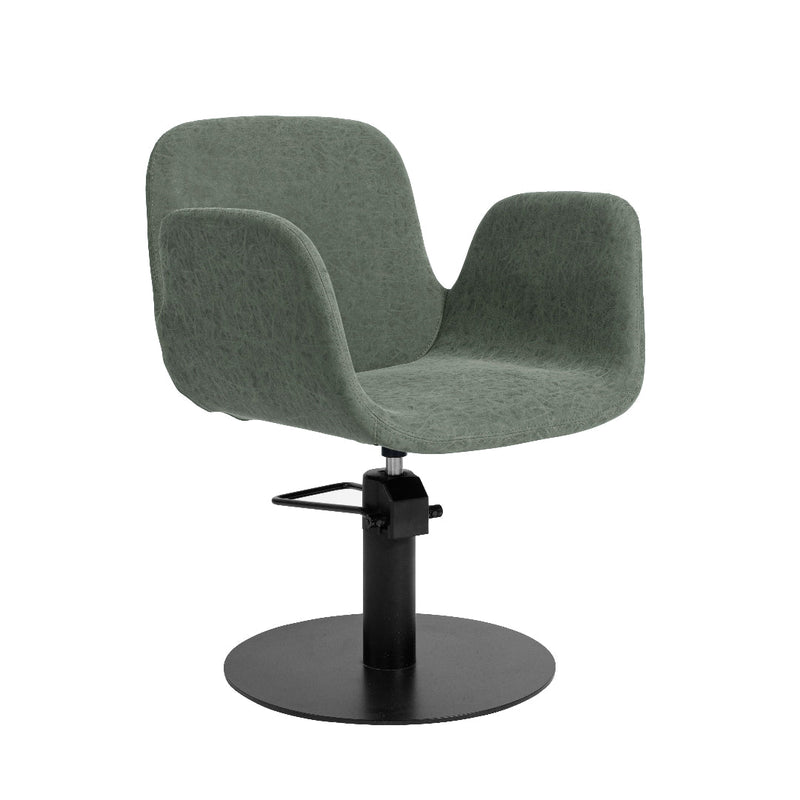 A modern upholstered swivel salon chair with a rounded seat and back, upholstered in textured sage green fabric, supported by a black metal pedestal base with a circular footplate.