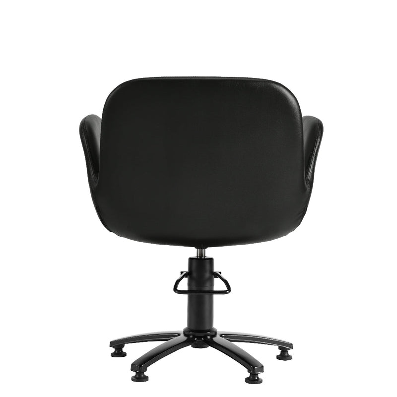 A black upholstered office chair with a rounded backrest, armrests, and a five-star wheeled base, shown against a plain white background.