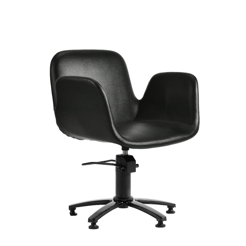A modern black salon chair with a molded seat and back, mounted on a black five-star swivel base with casters, shown against a plain white background.