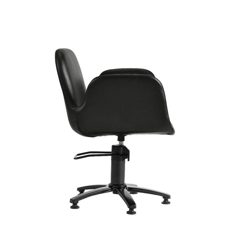A black office chair with a molded seat and back, mounted on a black five-star wheeled base with a central column and footrest, shown against a plain white background.